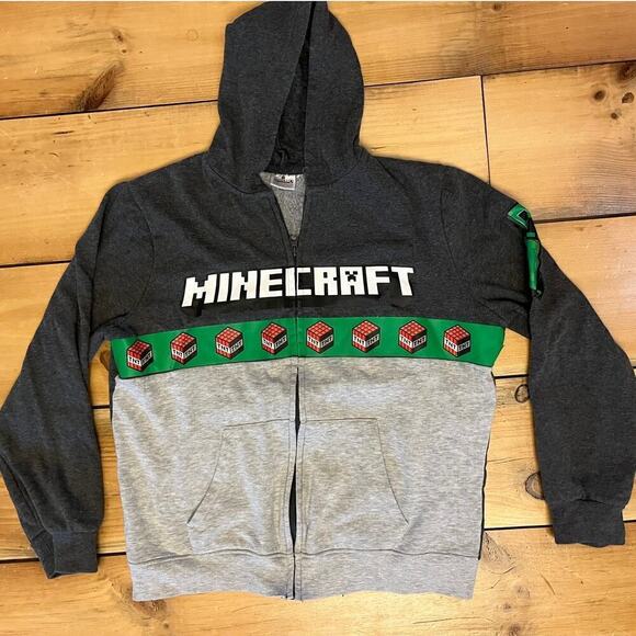 Minecraft Boys Full Zip Hooded Sweatshirt/jacket. Fleece lined. Logo. Grey. - Picture 4 of 7